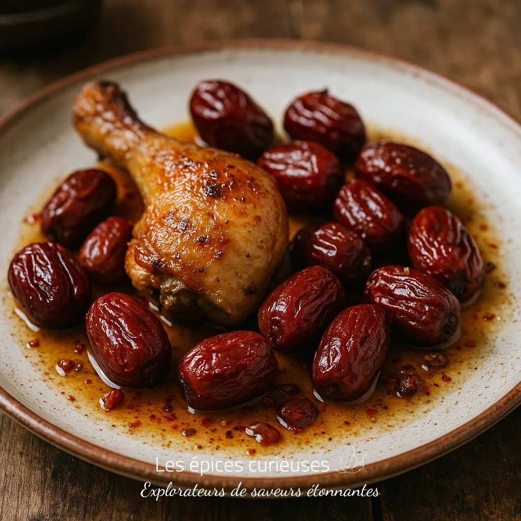 Plat de poulet rôti et jujubes marinés sur assiette en céramique, délicieux mélange de saveurs sucrées et salées.