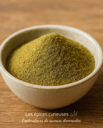 Bol en céramique avec du curry en poudre sur table en bois, épice aromatique pour la cuisine asiatique.