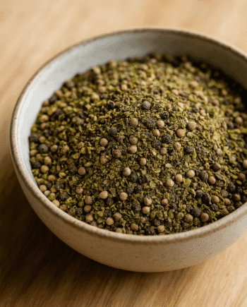Bol de poivre vert moulu sur une table en bois, capturant la texture et les nuances naturelles de l'épice.