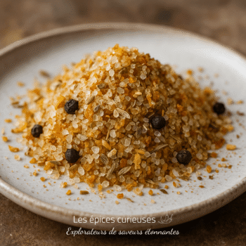 Mélange d'épices et de sel marin sur une assiette, avec grains de poivre noir et herbes, pour assaisonnement culinaire.