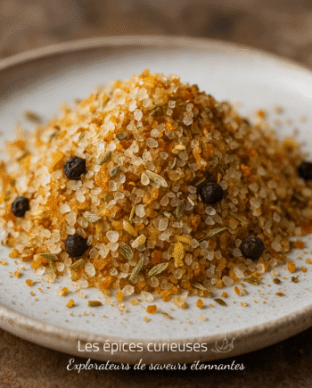 Mélange d'épices et de sel marin sur une assiette, avec grains de poivre noir et herbes, pour assaisonnement culinaire.
