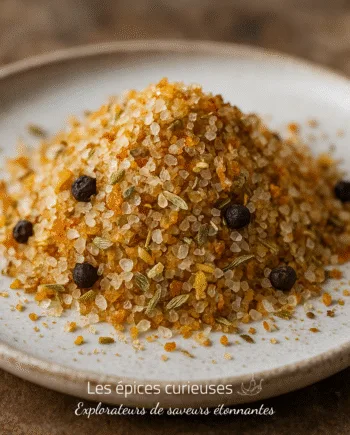 Mélange d'épices et de sel marin sur une assiette, avec grains de poivre noir et herbes, pour assaisonnement culinaire.