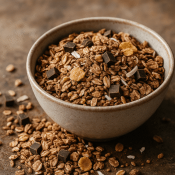 Bol de granola croustillant avec pépites de chocolat et céréales, posé sur une surface rustique.