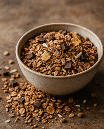 Bol de granola croustillant avec pépites de chocolat et céréales, posé sur une surface rustique.