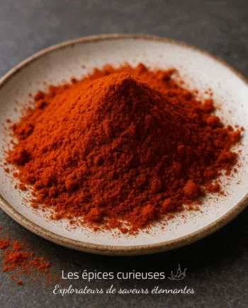Assiette de poudre de paprika rouge posée sur une table grise, prête pour des recettes épicées et savoureuses.