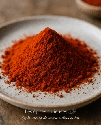 Poudre de paprika rouge épicé sur une assiette en céramique blanche, prêt à rehausser vos plats.