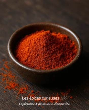 Bol en céramique rempli de paprika en poudre rouge vif sur une table en bois foncé.