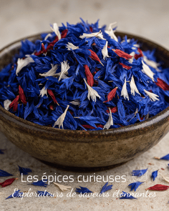 Bol de pétales de fleurs séchées colorés, principalement bleus, sur fond neutre.