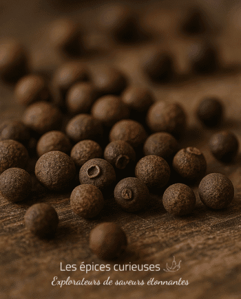 Graines de piment de la Jamaïque sur une table en bois, épices aromatiques pour la cuisine et la pâtisserie.