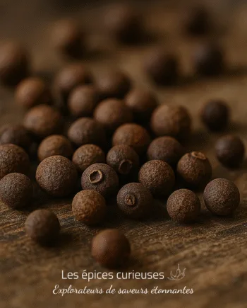 Graines de piment de la Jamaïque sur une table en bois, épices aromatiques pour la cuisine et la pâtisserie.