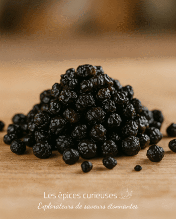 Amas de baies séchées sur une table en bois, texture rugueuse et couleur sombre.