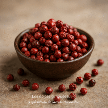 Bol de baies roses épicées sur table en bois, ajout aromatique pour cuisine raffinée.