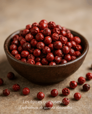 Bol de baies roses épicées sur table en bois, ajout aromatique pour cuisine raffinée.
