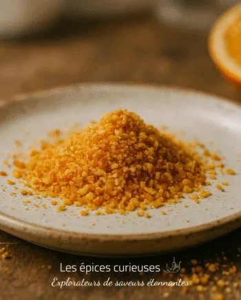 Poudre de zeste d'orange sur une assiette en céramique, arrière-plan flou de quartier d'orange.