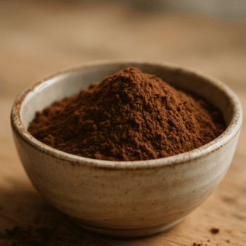 Bol en céramique avec de la poudre de cacao sur une table en bois.