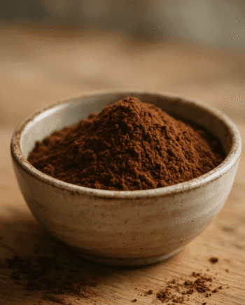 Bol en céramique avec de la poudre de cacao sur une table en bois.