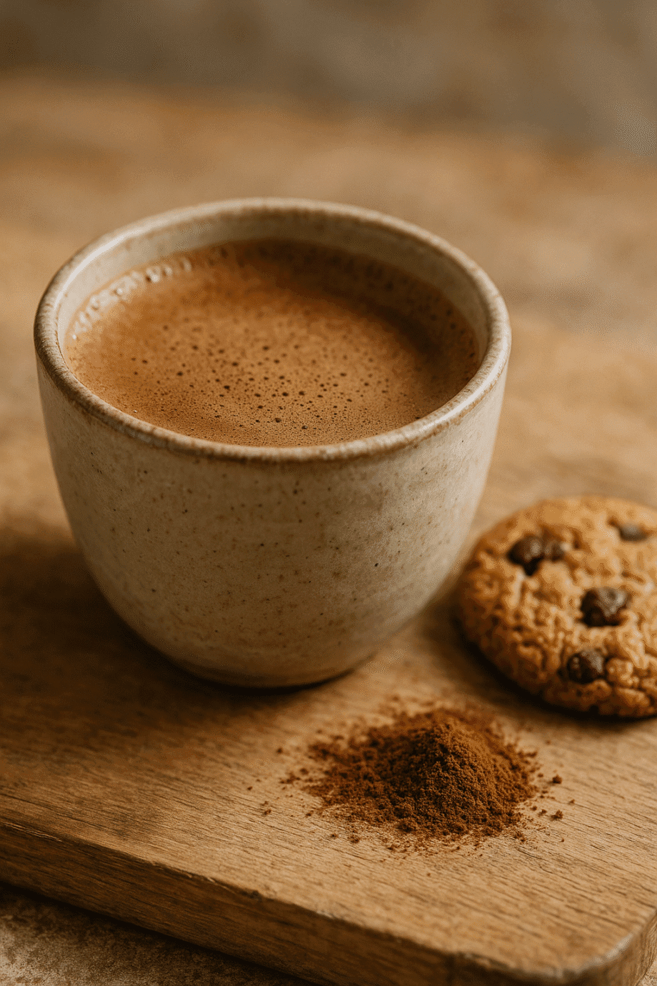 Tasse de café mousseux avec biscuit aux pépites de chocolat sur planche en bois, poudre de café à côté.