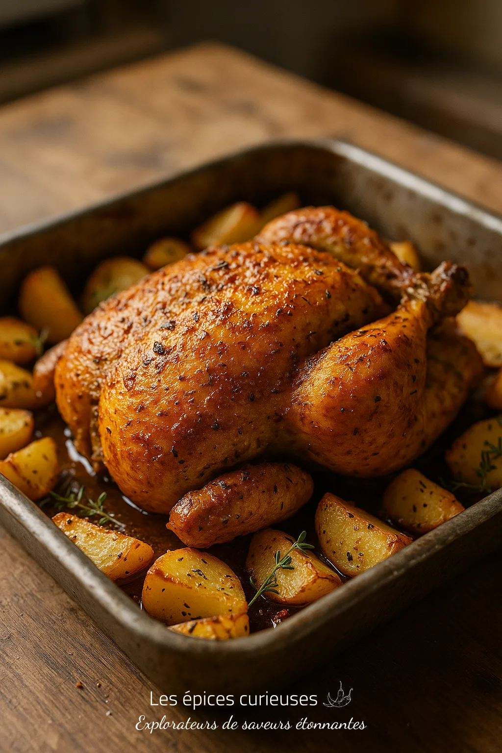 Poulet rôti doré avec pommes de terre et herbes dans un plat, sur une table en bois.