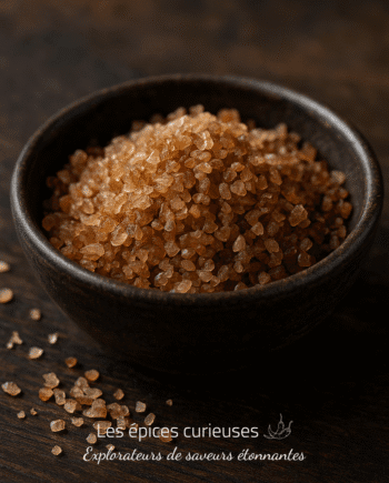 Bol de sucre brun en cristaux sur une table en bois, mettant en valeur sa texture granuleuse et naturelle.