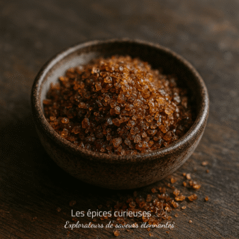 Bol en céramique rempli de sucre brun brut sur une table en bois.