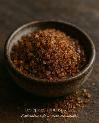 Bol en céramique rempli de sucre brun brut sur une table en bois.