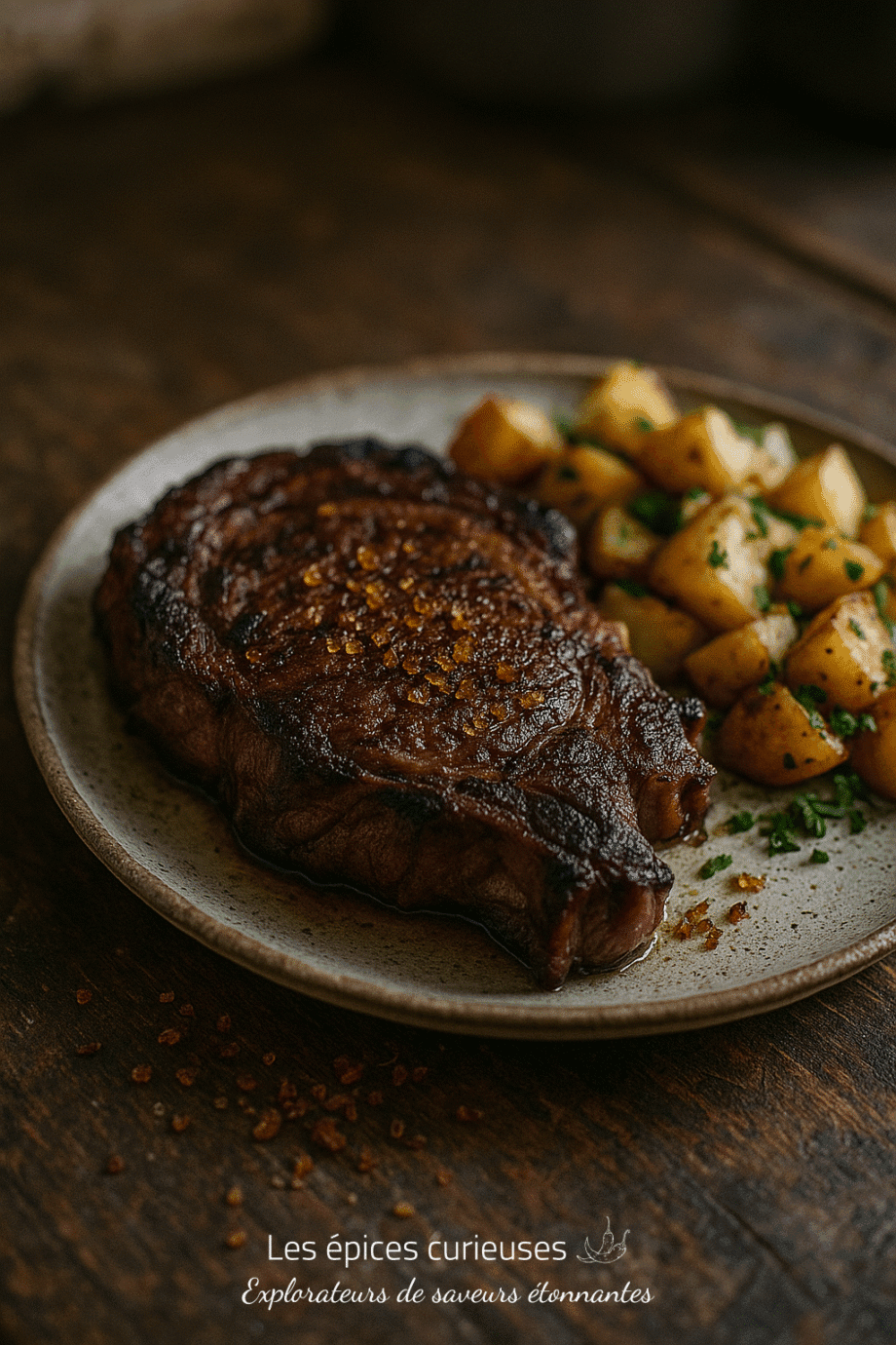 Steak grillé juteux accompagné de pommes de terre rissolées sur une assiette rustique en bois.