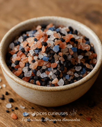 Bol de sel de l'Himalaya multicolore sur une table en bois, offrant une touche exotique à votre cuisine.