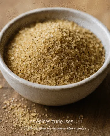 Bol de sucre brun sur une table en bois, parfait pour pâtisseries et recettes sucrées.