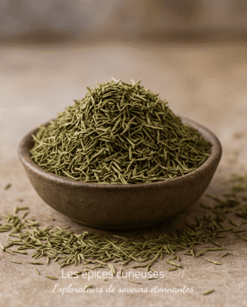 Bol en terre cuite rempli d'herbes séchées vertes sur une surface en bois. Assaisonnement aromatique.
