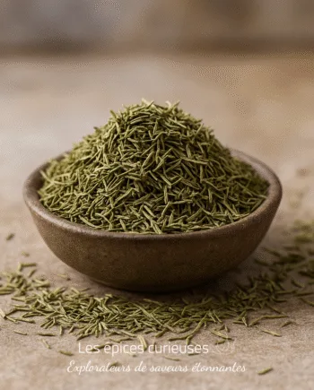 Bol en terre cuite rempli d'herbes séchées vertes sur une surface en bois. Assaisonnement aromatique.