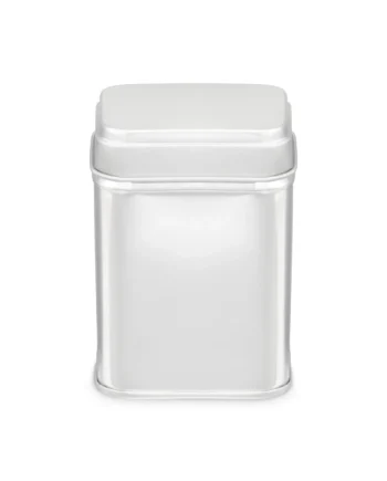 Boîte métallique argentée, idéale pour le stockage hermétique de thé ou café, design élégant et moderne.