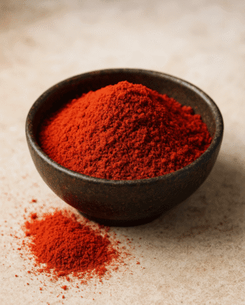Bol de paprika en poudre rouge sur une surface beige, épice aromatique pour la cuisine.
