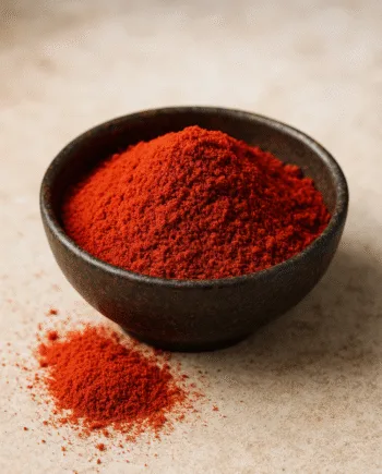 Bol de paprika en poudre rouge sur une surface beige, épice aromatique pour la cuisine.