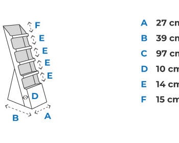 Présentoir incliné pour brochures avec dimensions : A 27cm, B 39cm, C 97cm, D 10cm, E 14cm, F 15cm.
