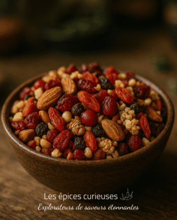 Bol de fruits secs et de noix, mélange croquant et coloré sur fond en bois rustique.