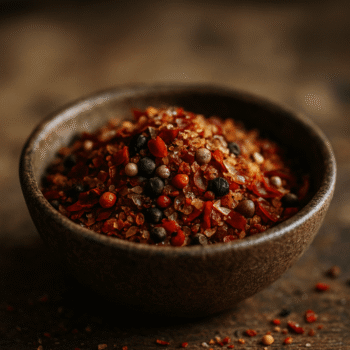 Bol en céramique rempli de poivre concassé multicolore sur table en bois, gros plan.