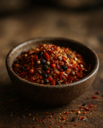 Bol en céramique rempli de poivre concassé multicolore sur table en bois, gros plan.