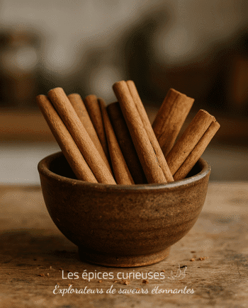 Bol en bois rempli de bâtons de cannelle sur une table en bois, ambiance chaleureuse et rustique.