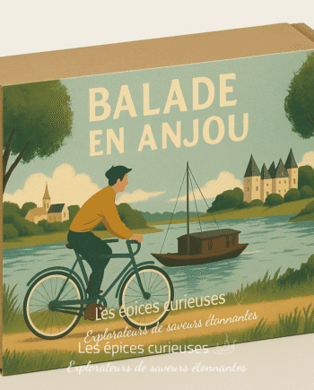 Boîte cadeau Balade en Anjou avec illustration d'un cycliste près d'une rivière et d'un château.