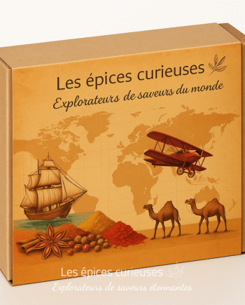Boîte Les épices curieuses avec motifs d'exploration, épices et carte du monde.