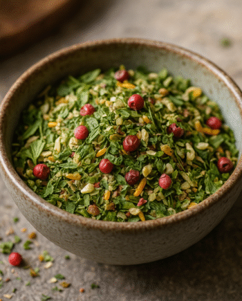 Bol de fines herbes et baies rouges sur une table en pierre, parfait pour assaisonner vos plats.