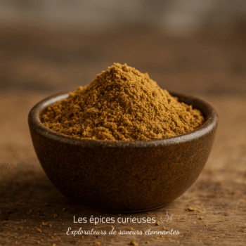 Bol de poudre de cannelle bio posé sur une table en bois rustique pour cuisine et recettes saines.