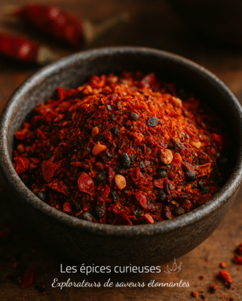 Bol de poudre de piment épicée et moulue, avec des piments rouges en arrière-plan sur une table en bois.