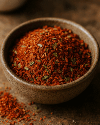Bol de mélange d'épices rouges et vertes sur une table en bois, idéal pour rehausser les saveurs de vos plats.