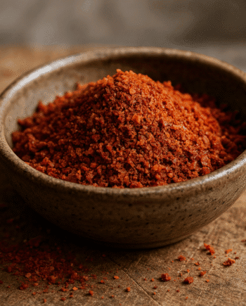 Bol de piment rouge moulu épicé sur table en bois, parfait pour assaisonner vos plats.