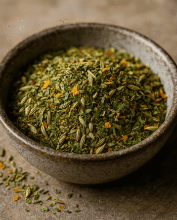 Bol de fines herbes séchées et épices colorées sur une table en pierre, idéal pour assaisonner les plats.