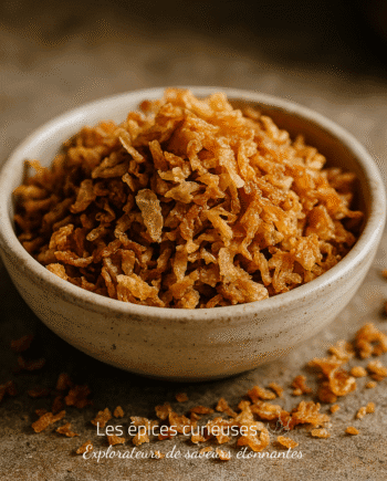 Bol de petits oignons frits dorés, croustillants sur une table en bois, ajout savoureux pour plats et salades.