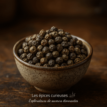 Bol de poivre noir en grains sur table en bois, mise au point en gros plan.