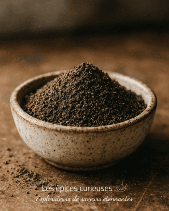 Bol en céramique rempli de poudre de café fraîchement moulue sur un plan de travail brun.