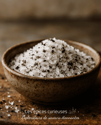 Bol de sel de mer avec grains de poivre noir, posé sur une planche en bois rustique.